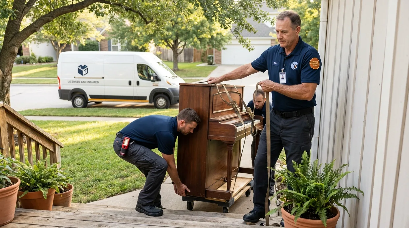 Licensed piano movers securing grand piano in Lancaster, MO